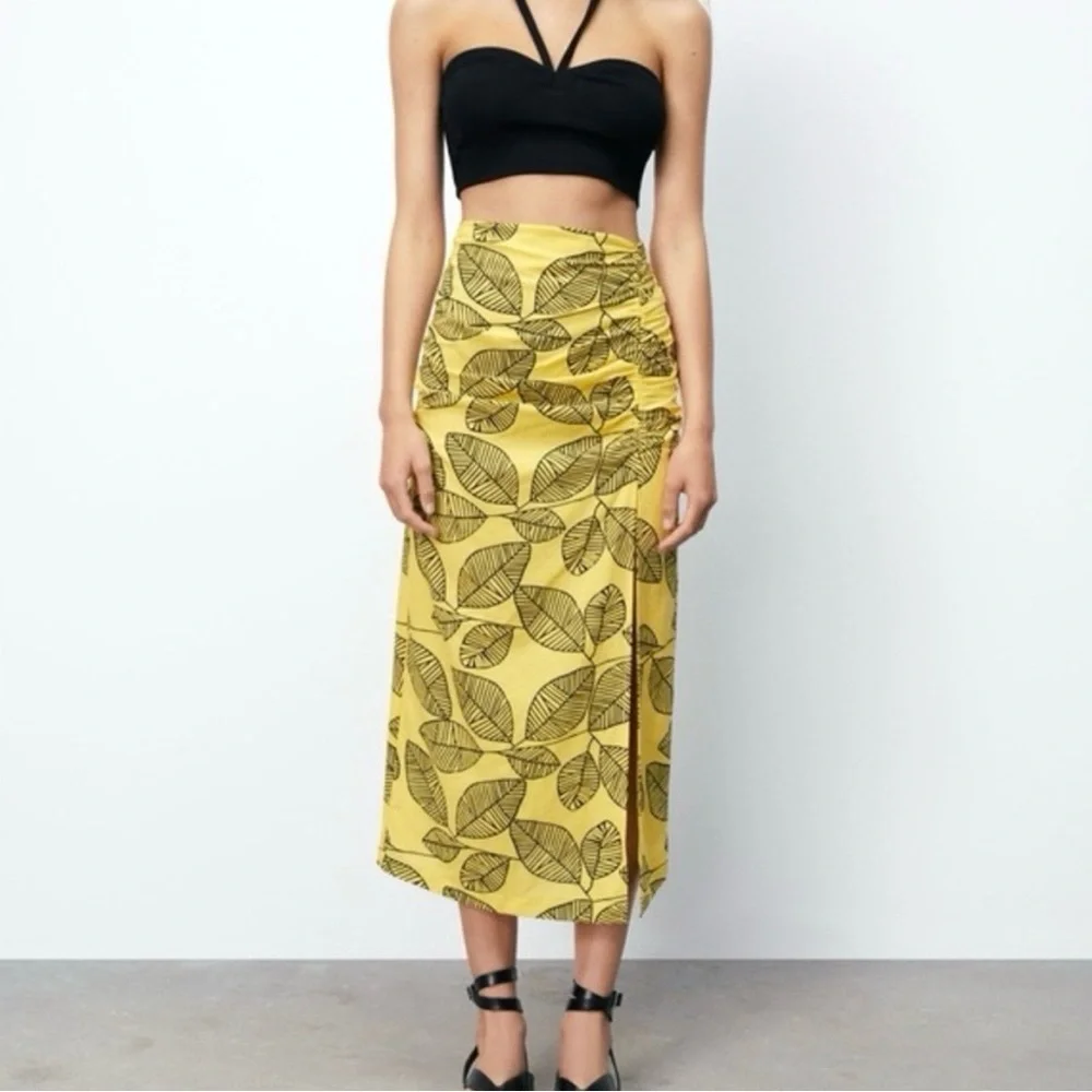 Zara Yellow Leaf Print Midi Skirt - Picture 1 of 5